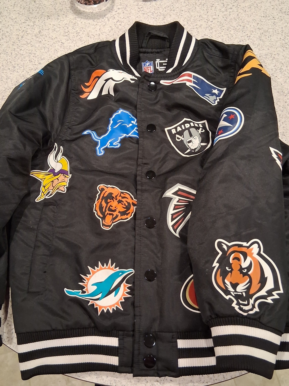 NFL All Teams Multi-Logo Satin Bomber Jacket Black & White